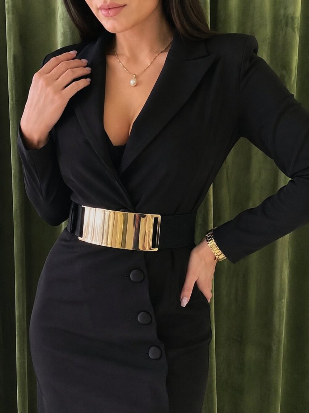 Wide Black Stretch Waist Belt with Gold Statement Buckle